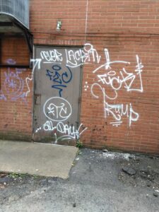 graffiti placed on the rear of a Monaca business were posted to social media in August 2020. Source: N. Theil, The News Alerts of Beaver County Facebook page.