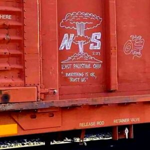 Train graffiti by "The Wood" appearing in East Palestine, Ohio within weeks of the February 3, 2023 train derailment.